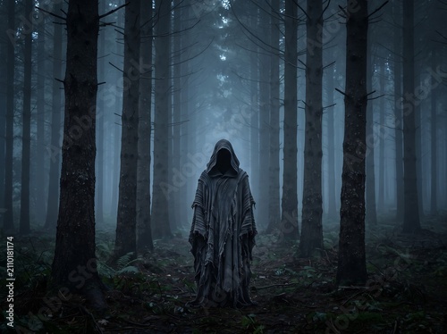 Creepy hooded figure standing silently in misty dark forest surrounded by tall trees at night time