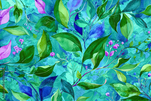 Vibrant Botanical Pattern with Green and Purple Leaves on Blue Background