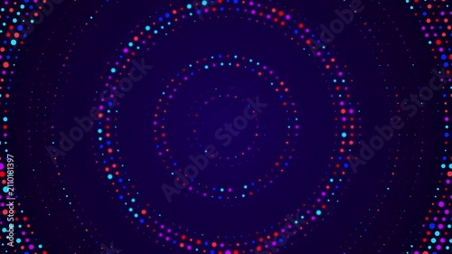 Colorful halftone dot concentric circles animation featuring vibrant pink blue cyan rotating particles on dark background loop 4k video