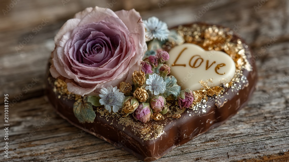 Fototapeta premium Romantic heart-shaped chocolate dessert with delicate flowers and the word love displayed elegantly