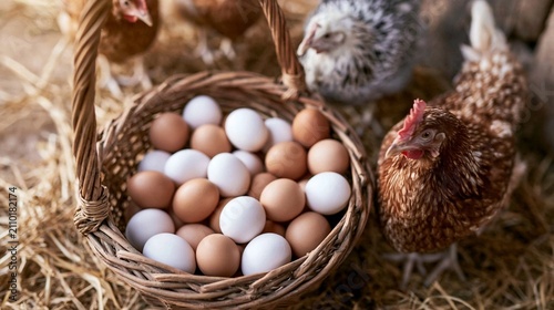 Fresh farm eggs in a wicker basket on straw with free range chickens  natural organic produce from poultry farming
