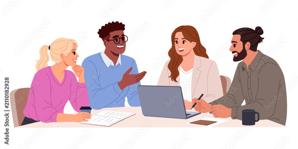 Fototapeta premium Coworkers discussing project around laptop in modern office workspace. Vector illustration.