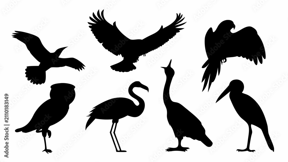 Naklejka premium Collection of flying and perched bird silhouettes. Artistic bird shapes for design projects.