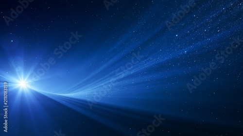 Abstract blue night sky with sparkling stars and luminous light beams creating an elegant celestial background