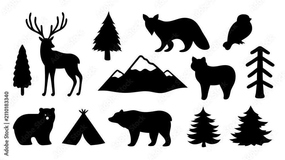 Fototapeta premium Silhouette bundle of wildlife animals and nature scenes. Black forest and mountain icons for outdoor, adventure, and wildlife themes.