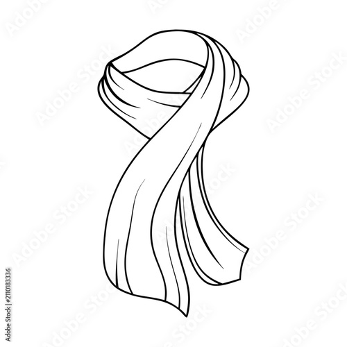 Elegant black and white line art drawing of a stylish tied scarf, perfect for winter fashion accessories and cozy apparel designs.