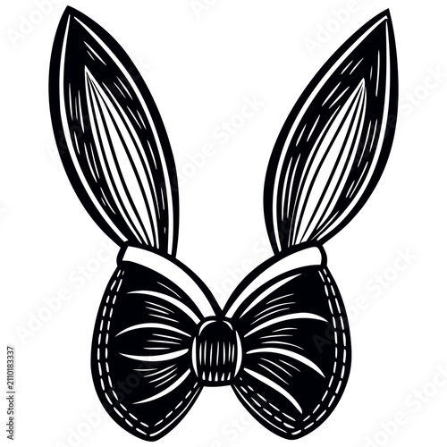 Cute black and white bunny ears with a stylish bow tie illustration, perfect for Easter, spring, and animal-themed designs.