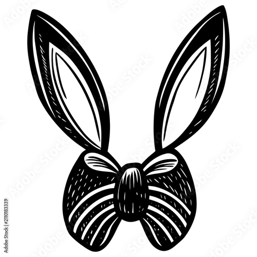 Hand-drawn black and white bunny ears with a decorative bow tie illustration, perfect for Easter, costume, or animal-themed designs.