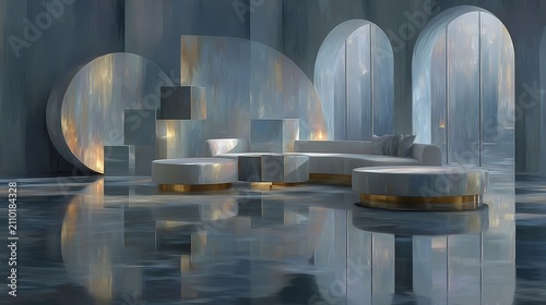 Serene architectural space featuring geometric shapes and reflective surfaces in soft light