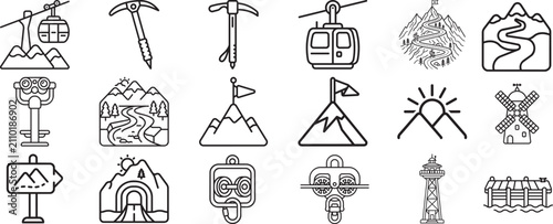 Konstfotografi Mountain Adventure Line Icon Set with Cable Car Pickaxe Trail Sign Camping and O