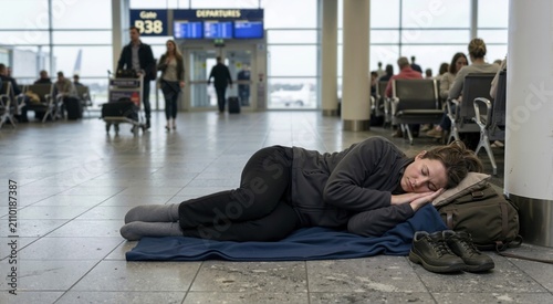 Exhausted female passenger sleeping on the floor of an airport terminal. Tired young woman resting on a blanket with a backpack pillow during a flight delay or long layover