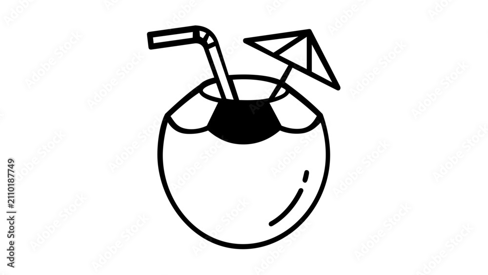 Obraz premium Vector illustration of a coconut drink with straw line icon depicting a tropical beverage served in a halved coconut shell, ideal for summer menus and beach resort branding.
