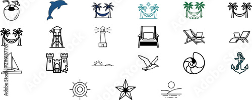 21 Ocean and Nautical Vector Icon Set and Bundle featuring Minimalist Symbols for Hammocks, Palm Trees, Dolphins, Lifeguard Towers, Lighthouses, and Tropical Beach Vacation Scenes.
