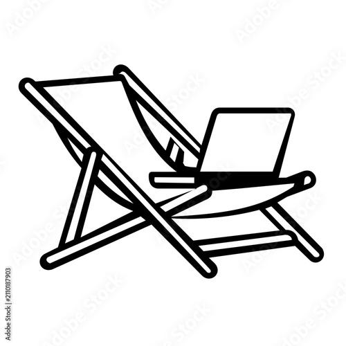 Vector illustration of a laptop resting on a beach lounger line icon conveying the trend of working remotely from holiday destinations, great for co-working platforms, travel apps, and lifestyle blogs
