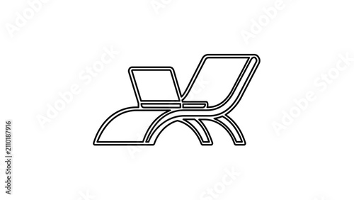 Vector illustration of an open laptop placed on a beach recliner line icon illustrating the fusion of work and leisure in a seaside environment, perfect for remote working campaigns and digital lifest