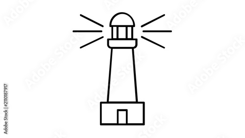 Vector illustration of a lighthouse line icon representing the classic coastal navigation beacon with its distinctive tower and light beam, perfect for maritime brands, travel guides, and nautical dec