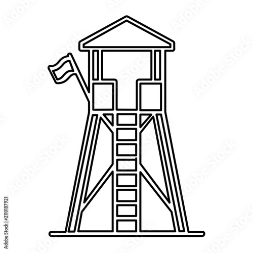 Vector illustration of a lifeguard tower line icon depicting the iconic elevated beach safety structure, ideal for coastal safety campaigns, beach resort maps, and outdoor recreation designs.