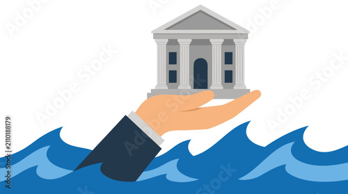 A giant hand in a dark suit sleeve emerging from choppy blue ocean waves to support and lift a small neoclassical bank building, representing financial rescue, stability, and economic recovery