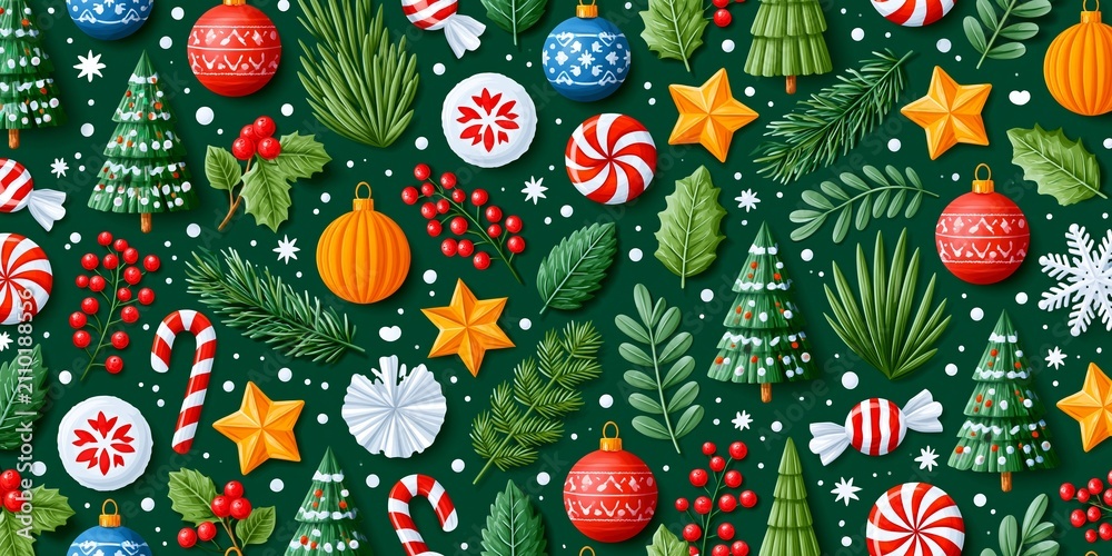 Obraz premium Seamless Christmas pattern illustrating festive ornaments, stars, trees, candy, and winter botanicals on a green background