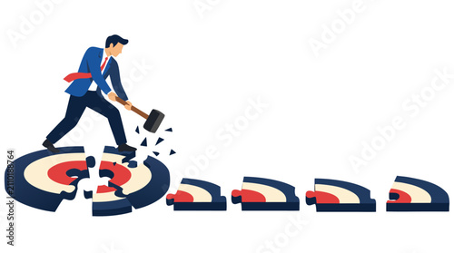 Businessman using a sledgehammer to break a large circular target into puzzle piece stepping stones, representing strategic planning, problem solving, business transformation, and goal achievement