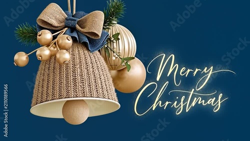 Fluffy soft bell, Christmas tree ball, berry. Merry Christmas card on a blue background.