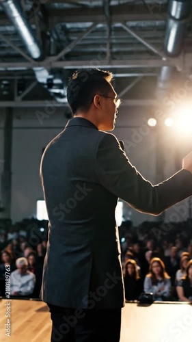 Speaker presenting on stage at a conference, professional business seminar