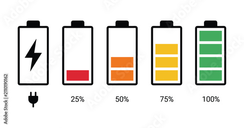 Battery Level Indicators: A series of icons illustrating battery charge levels from empty to full. energy status, power indicator, recharge symbol, electricity meter, power management.