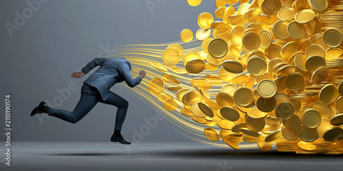 Businessman running with golden coins stream