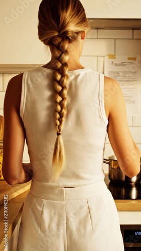 Woman cooking in modern kitchen, preparing food at home