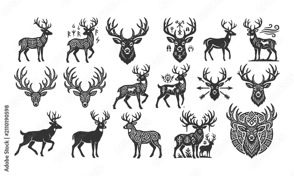 Fototapeta premium Tribal Viking Deer Stag Vector Silhouette Icons Set with Celtic Runes, Antlers, and Hunting Arrow Badges