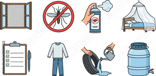 Cuadro en lienzo Comprehensive mosquito prevention vector illustration showing window screens, in