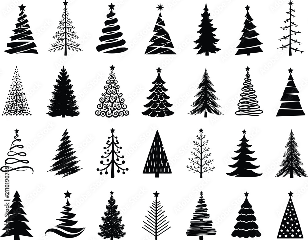 Fototapeta premium Set of christmas tree icons, hand drawn vector illustration
