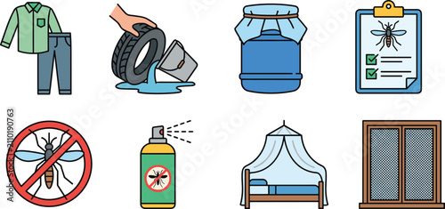 Obraz na płótnie PrintMosquito prevention vector icons showing protective clothing, water managem