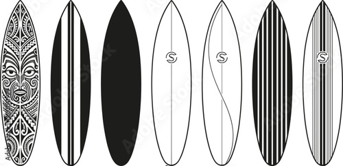 Fotografía Stylized surfboard vector collection featuring tribal art, bold black stripes, m