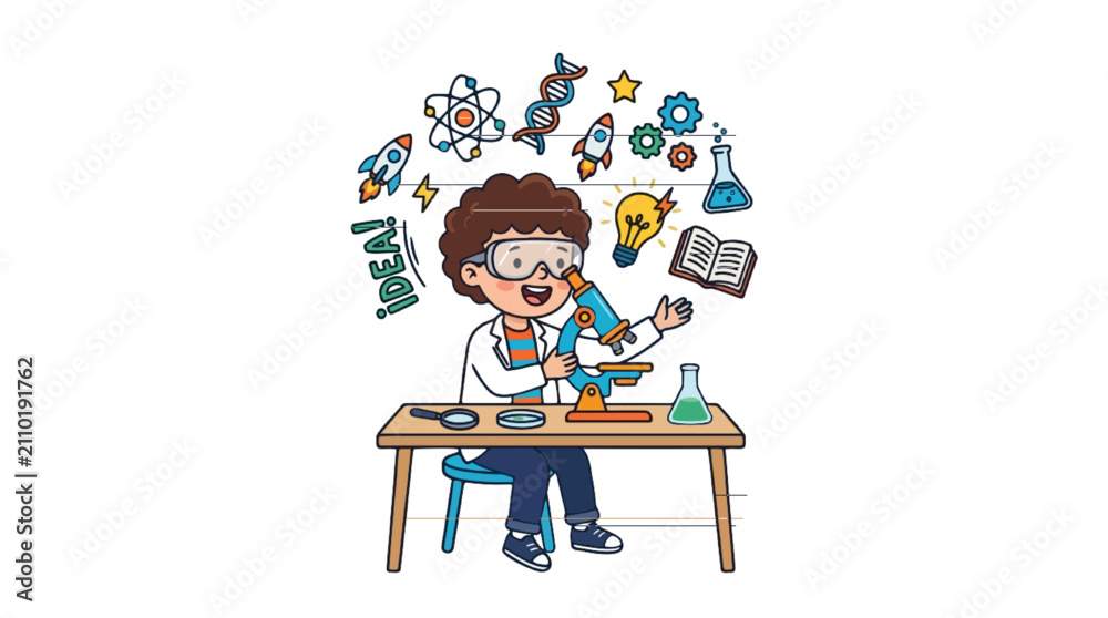 Fototapeta premium Cute Boy Scientist Character Conducting Chemistry Experiment with Beakers at Desk Vector Illustration for STEM Education, Science Lab, and Discovery