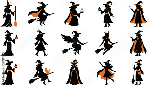 Photos Set of various witch silhouettes for haloween celebration featuring flying broom