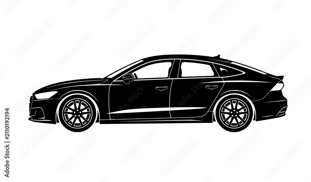 Naklejka premium Sporty Black Sedan Car Silhouette Vector Isolated on White Background