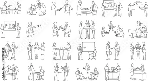 Business Meeting Line Art Collection with Office Teamwork Presentation and Corporate Collaboration Scenes
