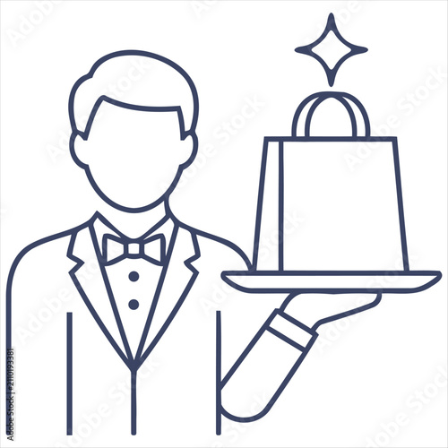 Elegant Waiter Serving Food Tray with Cloche Icon Minimal Line Art Vector Illustration