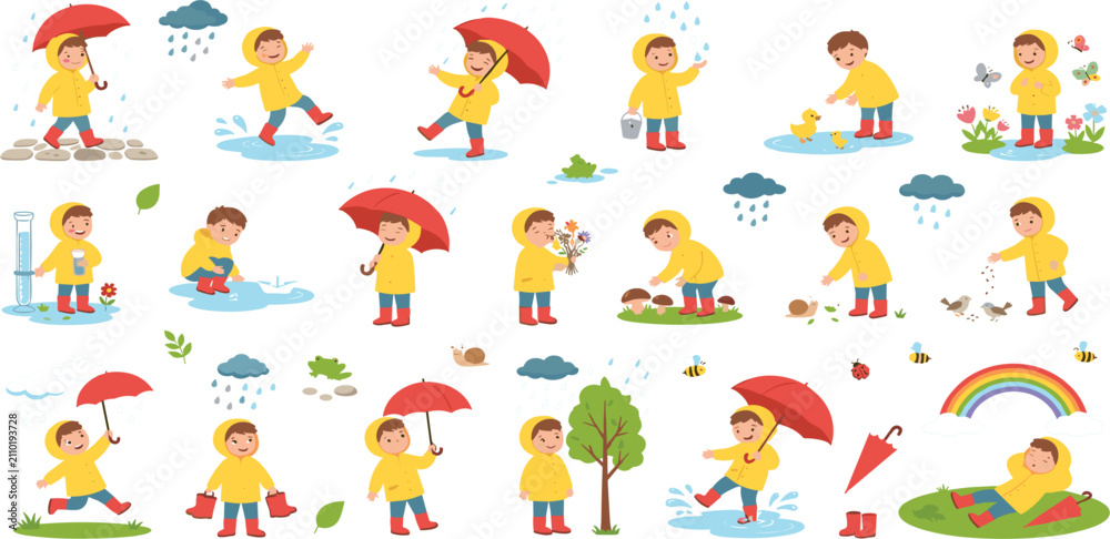 Fototapeta premium Rainy weather cute boy character vector illustration set playing outdoor in autumn yellow raincoat