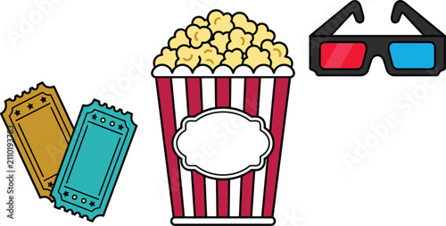 Cinema and Movie Theater Vector Icon Set with Striped Popcorn Box, Retro Admission Tickets, and Stereoscopic Three Dimensional Three D Glasses