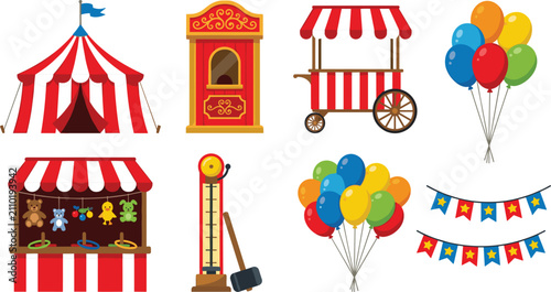 Vintage Circus and Carnival Attraction Vector Icon Set with Red Striped Tent, Ticket Booth, Food Cart, High Striker, Game Stall, and Festive Bunting Garlands