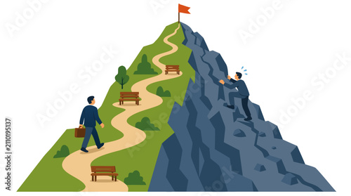 Vector illustration of two businessmen climbing a mountain, one walking on a smooth easy path with benches and the other struggling to climb a steep rocky cliff face towards a red flag at the summit.