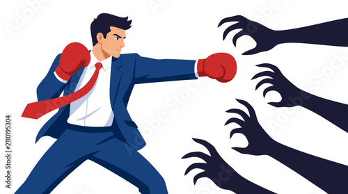 Powerful businessman in red boxing gloves defending against multiple aggressive shadowy clawing hands - overcoming business challenges, competition, adversity and obstacles determination success