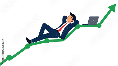 Businessman peacefully sleeping on rising financial growth chart with laptop, bold flat illustration style depicting passive income growth, investment success, and profitable business achievement