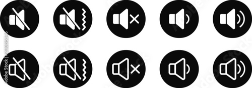 Foto Speaker volume control icons set for media player, circular black silhouette fil