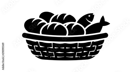 Five loaves of bread and two fish in basket silhouette. New Testament miracle vector illustration. Isolated on white background