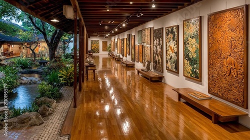 Serene Gallery Hallway Featuring Traditional Art and Tranquil Courtyard Views