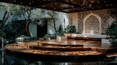 Serene garden oasis with a tranquil reflecting pool and an intricately designed backdrop providing