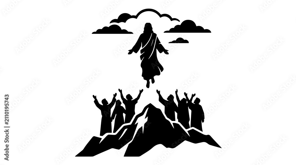 Fototapeta premium Jesus ascending into clouds above disciples silhouette. Resurrection biblical theme. Vector illustration isolated on white background